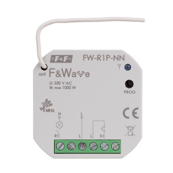 FW-R1P-NN Jednokanałowy przekaźnik do tradycyjnych instalacji elektrycznych bez przewodu N. Sterowanie radiowe oświetleniem