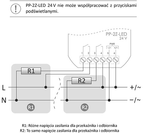 PP-2Z-LED 24 V röle için bağlantı şeması